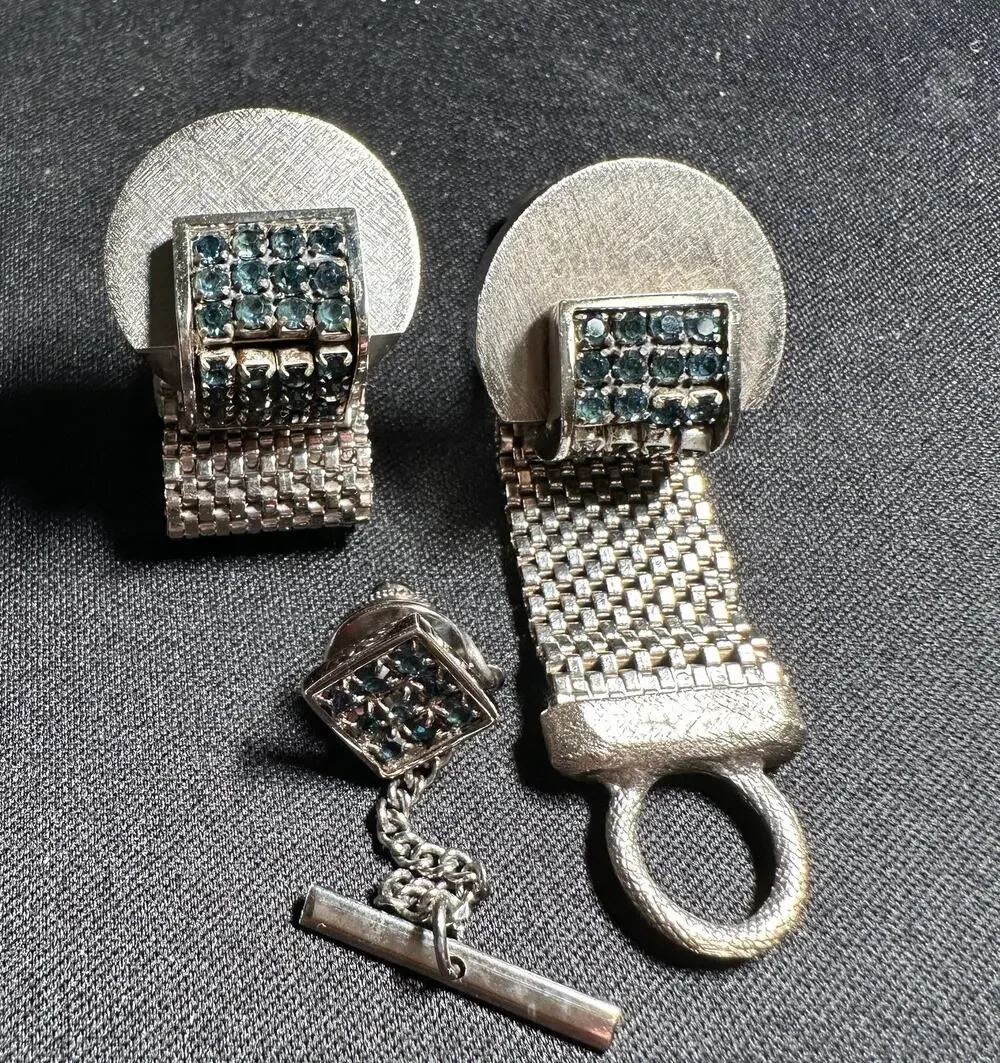 Vintage Cufflinks Tie Tac Set Blue Rhinestone Mesh Wrap Silver Tone retro